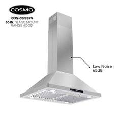 Cosmo 30" Ductless Island Range Hood Kitchen Hood with LED Lighting and Permanent Filters in Stainless Steel - COS-63ISS75-DL - The Home Selection