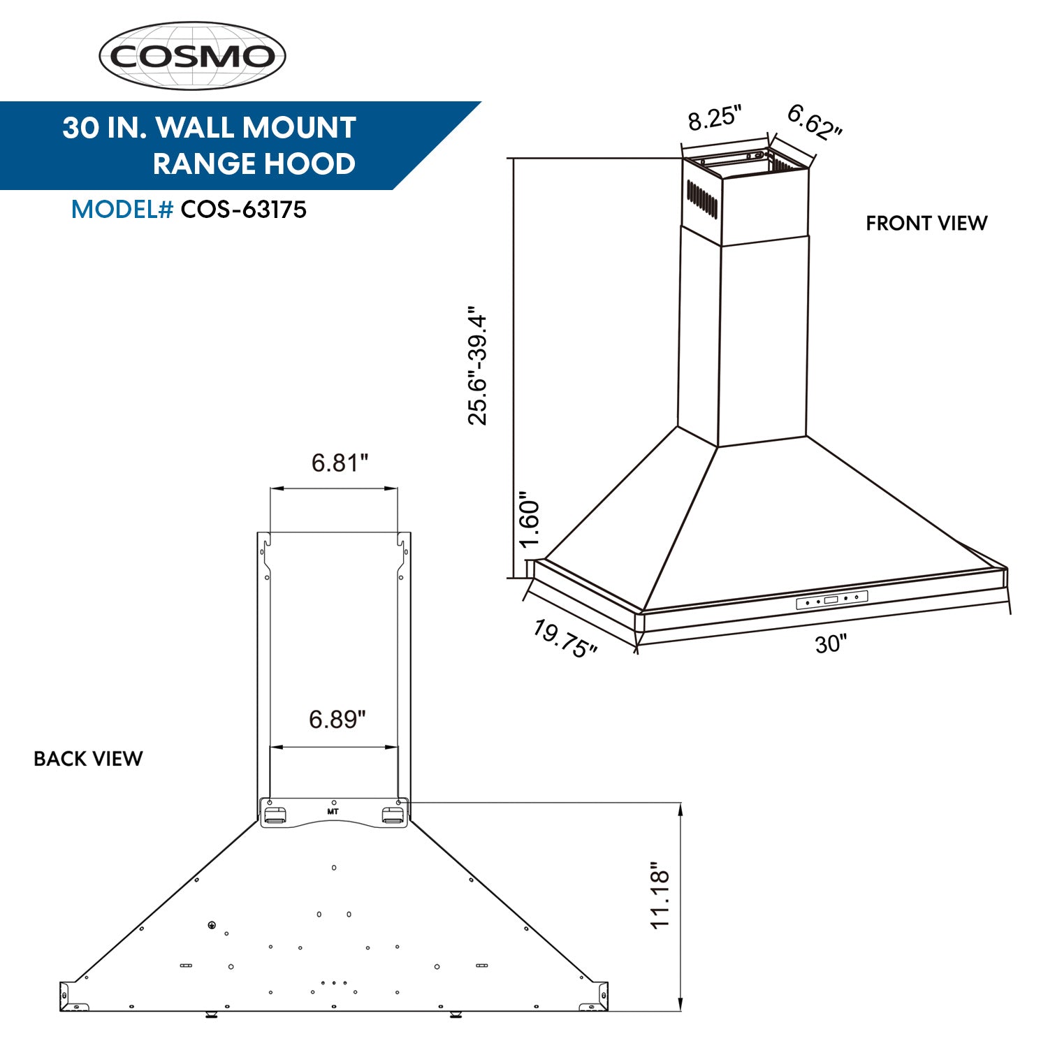 Cosmo 30" Ductless Wall Mount Range Hood with Push Button Controls, 3-Speed Fan, Permanent Filters, LED Lights & Carbon Filter Kit - COS-63175-DL - The Home Selection