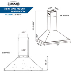 Cosmo 30" Ductless Wall Mount Range Hood with Push Button Controls, 3-Speed Fan, Permanent Filters, LED Lights & Carbon Filter Kit - COS-63175-DL - The Home Selection