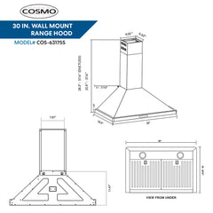 Cosmo 30" Ductless Wall Mount Range Hood with Soft Touch Controls, 3-Speed Fan, Permanent Filters, LED Lights; Carbon Filter Kit - COS-63175S-DL - The Home Selection