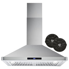 Cosmo 30" Ductless Wall Mount Range Hood with Soft Touch Controls, 3-Speed Fan, Permanent Filters, LED Lights; Carbon Filter Kit - COS-63175S-DL - The Home Selection