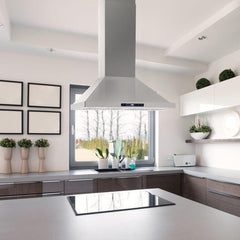 Cosmo 30" Island Range Hood with 3-Speed Fan, 380 CFM, Permanent Filters, LED Lights, Soft Touch Controls, Ducted Kitchen Vent Hood Extractor in Stainless Steel - COS-63ISS75 - The Home Selection