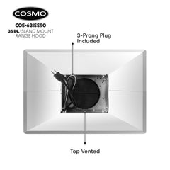 Cosmo 36" Ductless Island Range Hood Kitchen Hood with LED Lighting and Permanent Filters in Stainless Steel - COS-63ISS90-DL - The Home Selection