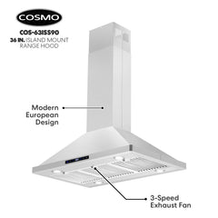 Cosmo 36" Ductless Island Range Hood Kitchen Hood with LED Lighting and Permanent Filters in Stainless Steel - COS-63ISS90-DL - The Home Selection