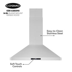 Cosmo 36" Ductless Island Range Hood Kitchen Hood with LED Lighting and Permanent Filters in Stainless Steel - COS-63ISS90-DL - The Home Selection