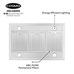 Cosmo 36" Ductless Island Range Hood Kitchen Hood with LED Lighting and Permanent Filters in Stainless Steel - COS-63ISS90-DL - The Home Selection
