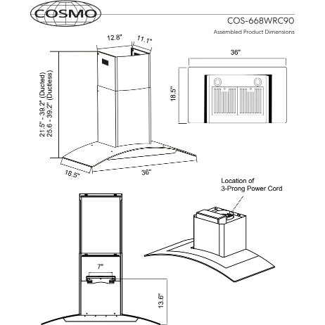 Cosmo 36" Ductless Wall Mount Range Hood in Stainless Steel with Push Button Controls, LED Lighting and Carbon Filter Kit for Recirculating - COS-668WRC90-DL - The Home Selection
