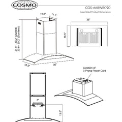 Cosmo 36" Ductless Wall Mount Range Hood in Stainless Steel with Push Button Controls, LED Lighting and Carbon Filter Kit for Recirculating - COS-668WRC90-DL - The Home Selection