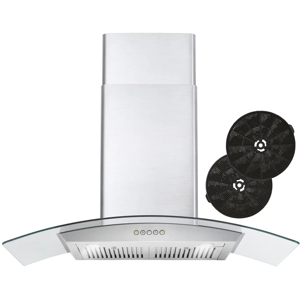 Cosmo 36" Ductless Wall Mount Range Hood in Stainless Steel with Push Button Controls, LED Lighting and Carbon Filter Kit for Recirculating - COS-668WRC90-DL - The Home Selection