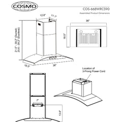Cosmo 36" Ductless Wall Mount Range Hood, Stainless Steel With Soft Touch Control - COS-668WRCS90-DL - The Home Selection