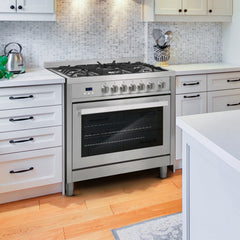 Cosmo 36" Single Oven Gas Range with 5 Burner Cooktop and 3.8 cu. ft. Heavy Duty Cast Iron Grates in Stainless Steel - COS-965AGFC - The Home Selection