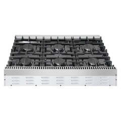 Cosmo 36" Slide-In Counter Gas Cooktop with 6 Sealed Italian Burners, Black Porcelain Surface, Cast Iron Grates, Metal Knobs in Stainless Steel - COS-GRT366 - The Home Selection