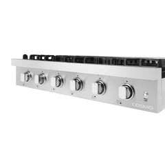 Cosmo 36" Slide-In Counter Gas Cooktop with 6 Sealed Italian Burners, Black Porcelain Surface, Cast Iron Grates, Metal Knobs in Stainless Steel - COS-GRT366 - The Home Selection