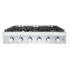 Cosmo 36" Slide-In Counter Gas Cooktop with 6 Sealed Italian Burners, Black Porcelain Surface, Cast Iron Grates, Metal Knobs in Stainless Steel - COS-GRT366 - The Home Selection