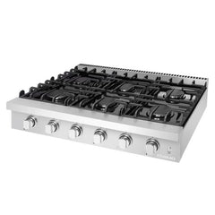 Cosmo 36" Slide-In Counter Gas Cooktop with 6 Sealed Italian Burners, Black Porcelain Surface, Cast Iron Grates, Metal Knobs in Stainless Steel - COS-GRT366 - The Home Selection