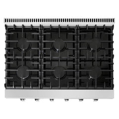 Cosmo 36" Slide-In Counter Gas Cooktop with 6 Sealed Italian Burners, Black Porcelain Surface, Cast Iron Grates, Metal Knobs in Stainless Steel - COS-GRT366 - The Home Selection