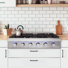 Cosmo 36" Slide-In Counter Gas Cooktop with 6 Sealed Italian Burners, Black Porcelain Surface, Cast Iron Grates, Metal Knobs in Stainless Steel - COS-GRT366 - The Home Selection