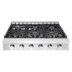 Cosmo 36" Slide-In Counter Gas Cooktop with 6 Sealed Italian Burners, Black Porcelain Surface, Cast Iron Grates, Metal Knobs in Stainless Steel - COS-GRT366 - The Home Selection