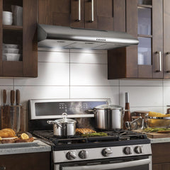 Cosmo 36" Under Cabinet Range Hood Ductless Convertible Duct, Slim Kitchen Stove Vent with 3 Speed Exhaust Fan, Reusable Filter and LED Lights in Stainless Steel - COS-5MU36 - The Home Selection