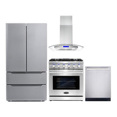 Cosmo 4 Piece Appliance Package with 30" Freestanding Gas Range 30" Island Mount Range Hood 24" Built-in Fully Integrated Dishwasher & Energy Star French Door Refrigerator - The Home Selection