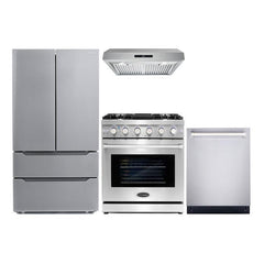 Cosmo 4 Piece Appliance Package with 30" Freestanding Gas Range 30" Under Cabinet Range Hood 24" Built-in Fully Integrated Dishwasher & Energy Star French Door Refrigerator - The Home Selection