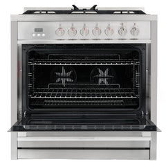Cosmo 4 Piece Appliance Package with 36" Freestanding Dual Fuel Range 36" Wall Mount Range Hood 24" Built-in Fully Integrated Dishwasher & Energy Star French Door Refrigerator - The Home Selection