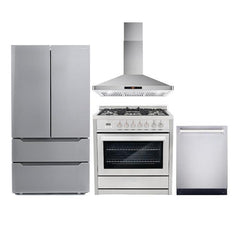 Cosmo 4 Piece Appliance Package with 36" Freestanding Dual Fuel Range 36" Wall Mount Range Hood 24" Built-in Fully Integrated Dishwasher & Energy Star French Door Refrigerator - The Home Selection