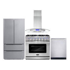 Cosmo 4 Piece Appliance Package with 36" Freestanding Gas Range 36" Island Mount Range Hood 24" Built-in Fully Integrated Dishwasher & Energy Star French Door Refrigerator - The Home Selection