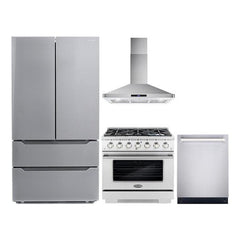 Cosmo 4 Piece Appliance Package with 36" Freestanding Gas Range 36" Wall Mount Range Hood 24" Built-in Fully Integrated Dishwasher & Energy Star French Door Refrigerator - The Home Selection