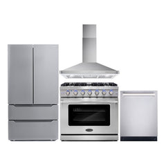 Cosmo 4 Piece Appliance Package with 36" Freestanding Gas Range 36" Wall Mount Range Hood 24" Built-in Fully Integrated Dishwasher & Energy Star French Door Refrigerator - The Home Selection