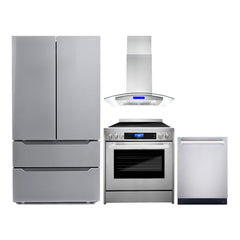 Cosmo 4 Piece Kitchen Package with 30" Freestanding Electric Range 30" Island Range Hood 24" Built-in Fully Integrated Dishwasher & Energy Star French Door Refrigerator - The Home Selection
