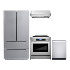 Cosmo 4 Piece Kitchen Package with 30" Freestanding Electric Range 30" Under Cabinet Range Hood 24" Built-in Fully Integrated Dishwasher & Energy Star French Door Refrigerator - The Home Selection