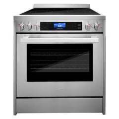 Cosmo 4 Piece Kitchen Package with 30" Freestanding Electric Range 30" Wall Mount Range Hood 24" Built-in Fully Integrated Dishwasher & Energy Star French Door Refrigerator - The Home Selection