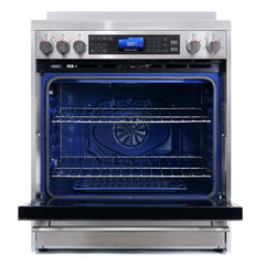 Cosmo 4 Piece Kitchen Package with 30" Freestanding Electric Range 30" Wall Mount Range Hood 24" Built-in Fully Integrated Dishwasher & Energy Star French Door Refrigerator - The Home Selection