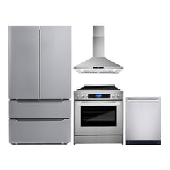 Cosmo 4 Piece Kitchen Package with 30" Freestanding Electric Range 30" Wall Mount Range Hood 24" Built-in Fully Integrated Dishwasher & Energy Star French Door Refrigerator - The Home Selection