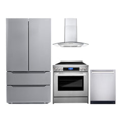 Cosmo 4 Piece Kitchen Package with 30" Freestanding Electric Range 30" Wall Mount Range Hood 24" Built-in Fully Integrated Dishwasher & Energy Star French Door Refrigerator - The Home Selection