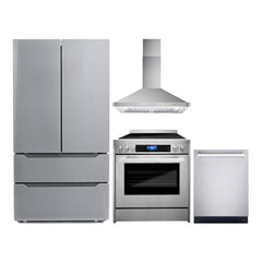 Cosmo 4 Piece Kitchen Package with 30" Freestanding Electric Range 30" Wall Mount Range Hood 24" Built-in Fully Integrated Dishwasher & Energy Star French Door Refrigerator - The Home Selection