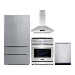 Cosmo 4 Piece Kitchen Package with 30" Freestanding Gas Range 30" Island Mount Range Hood 24" Built-in Fully Integrated Dishwasher & Energy Star French Door Refrigerator - The Home Selection