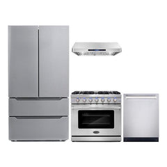 Cosmo 4 Piece Kitchen Package with 30" Freestanding Gas Range 30" Under Cabinet Range Hood 24" Built-in Fully Integrated Dishwasher & Energy Star French Door Refrigerator - The Home Selection