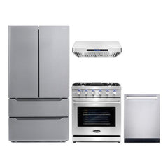 Cosmo 4 Piece Kitchen Package with 30" Freestanding Gas Range 30" Under Cabinet Range Hood Energy Star French Door Refrigerator & 48 Bottle Freestanding Wine Refrigerator - The Home Selection