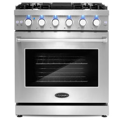 Cosmo 4 Piece Kitchen Package with 30" Freestanding Gas Range 30" Wall Mount Range Hood 24" Built-in Fully Integrated Dishwasher & Energy Star French Door Refrigerator - The Home Selection