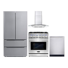 Cosmo 4 Piece Kitchen Package with 30" Freestanding Gas Range 30" Wall Mount Range Hood 24" Built-in Fully Integrated Dishwasher & Energy Star French Door Refrigerator - The Home Selection
