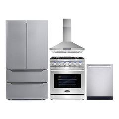 Cosmo 4 Piece Kitchen Package with 30" Freestanding Gas Range 30" Wall Mount Range Hood 24" Built-in Fully Integrated Dishwasher & Energy Star French Door Refrigerator - The Home Selection