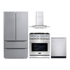 Cosmo 4 Piece Kitchen Package with 30" Freestanding Gas Range 30" Wall Mount Range Hood 24" Built-in Fully Integrated Dishwasher & Energy Star French Door Refrigerator - The Home Selection