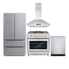 Cosmo 4 Piece Kitchen Package with 36" Freestanding Dual Fuel Range 36" Island Range Hood 24" Built-in Fully Integrated Dishwasher & Energy Star French Door Refrigerator - The Home Selection