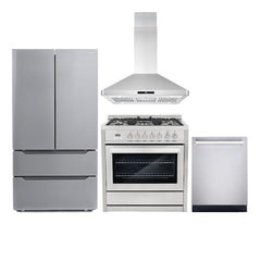 Cosmo 4 Piece Kitchen Package with 36" Freestanding Dual Fuel Range 36" Island Range Hood 24" Built-in Fully Integrated Dishwasher & Energy Star French Door Refrigerator - The Home Selection