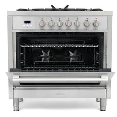 Cosmo 4 Piece Kitchen Package with 36" Freestanding Dual Fuel Range 36" Wall Mount Range Hood 24" Built-in Fully Integrated Dishwasher & Energy Star French Door Refrigerator - The Home Selection
