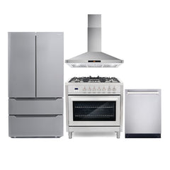 Cosmo 4 Piece Kitchen Package with 36" Freestanding Dual Fuel Range 36" Wall Mount Range Hood 24" Built-in Fully Integrated Dishwasher & Energy Star French Door Refrigerator - The Home Selection