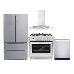 Cosmo 4 Piece Kitchen Package with 36" Freestanding Dual Fuel Range 36" Wall Mount Range Hood 24" Built-in Fully Integrated Dishwasher & Energy Star French Door Refrigerator - The Home Selection