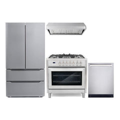 Cosmo 4 Piece Kitchen Package with 36" Freestanding Dual Fuel Range 36" Wall Mount Range Hood 24" Built-in Fully Integrated Dishwasher & Energy Star French Door Refrigerator - The Home Selection